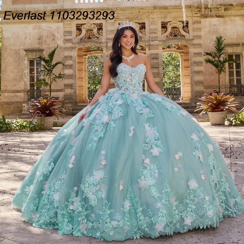 EVLAST Customized Mint Green Quinceanera Dress Ball Gown 3D Floral Applique Beading Corset Sweet 16 Vestido 15 De Años TQD278