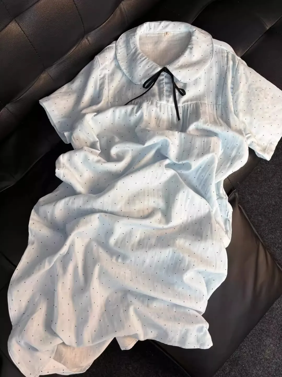 Sweet Blue Polka Dot Short Sleeve Sleep Dress Women's Korean Style Doll Collar Loose Outerwear Mid-Length Sleepwear Dress