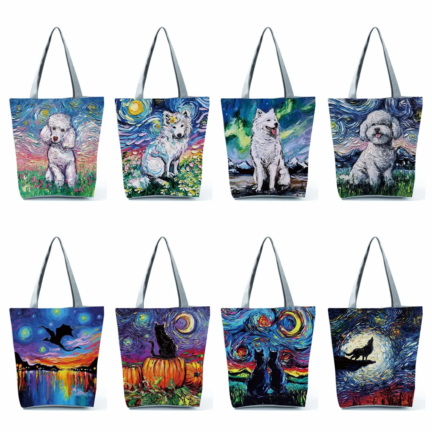 Casual Shoulder Bag Ladies Shopping Travel Beach Bag Portable Large Tote For Women New Starry Sky Animal Dog Printed Handbags