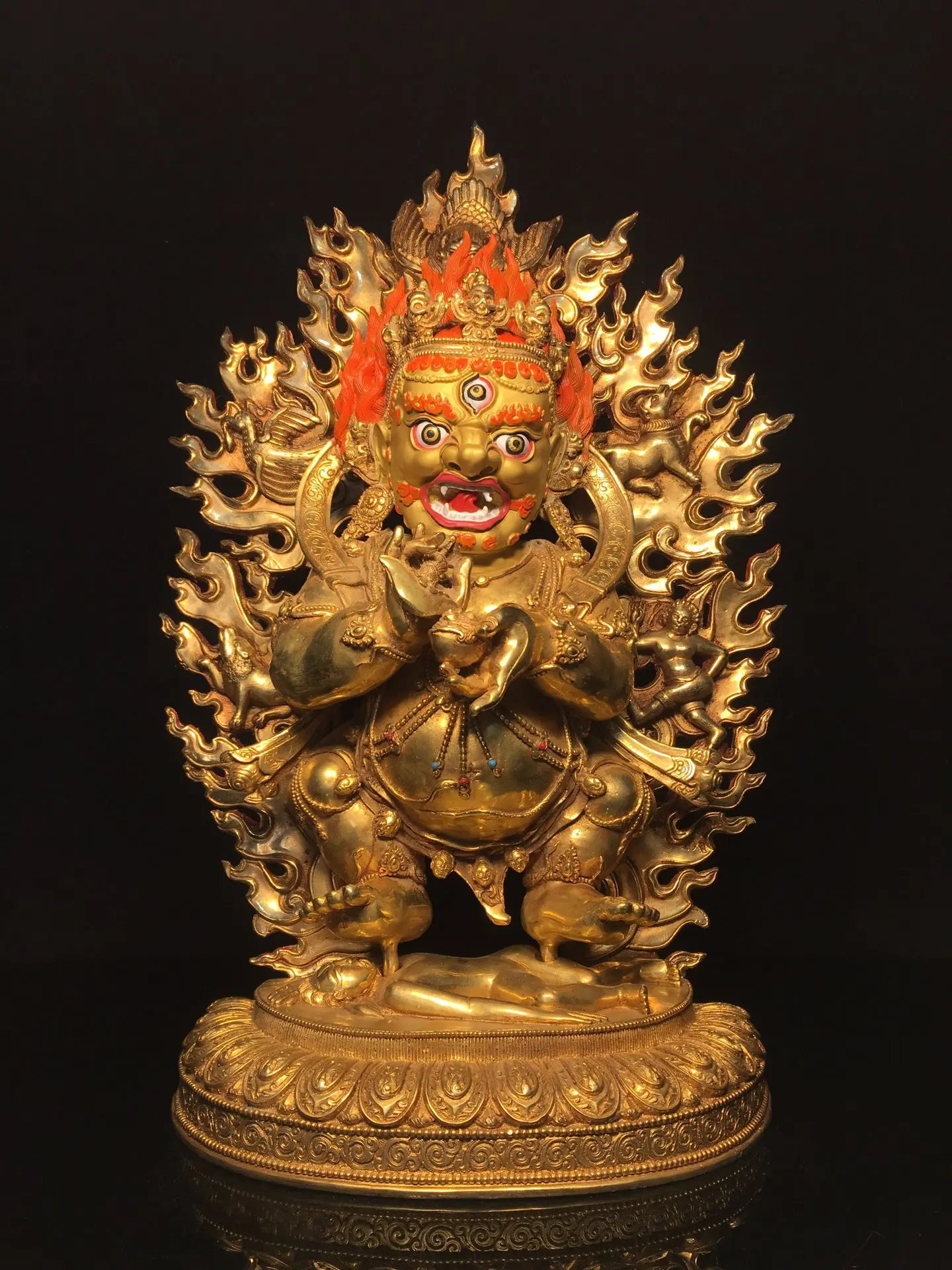 

19"Tibetan Temple Collection Old Bronze Gilded Painted Face Mahakala Standing Buddha Backlit Lotus Terrace Worship Hall