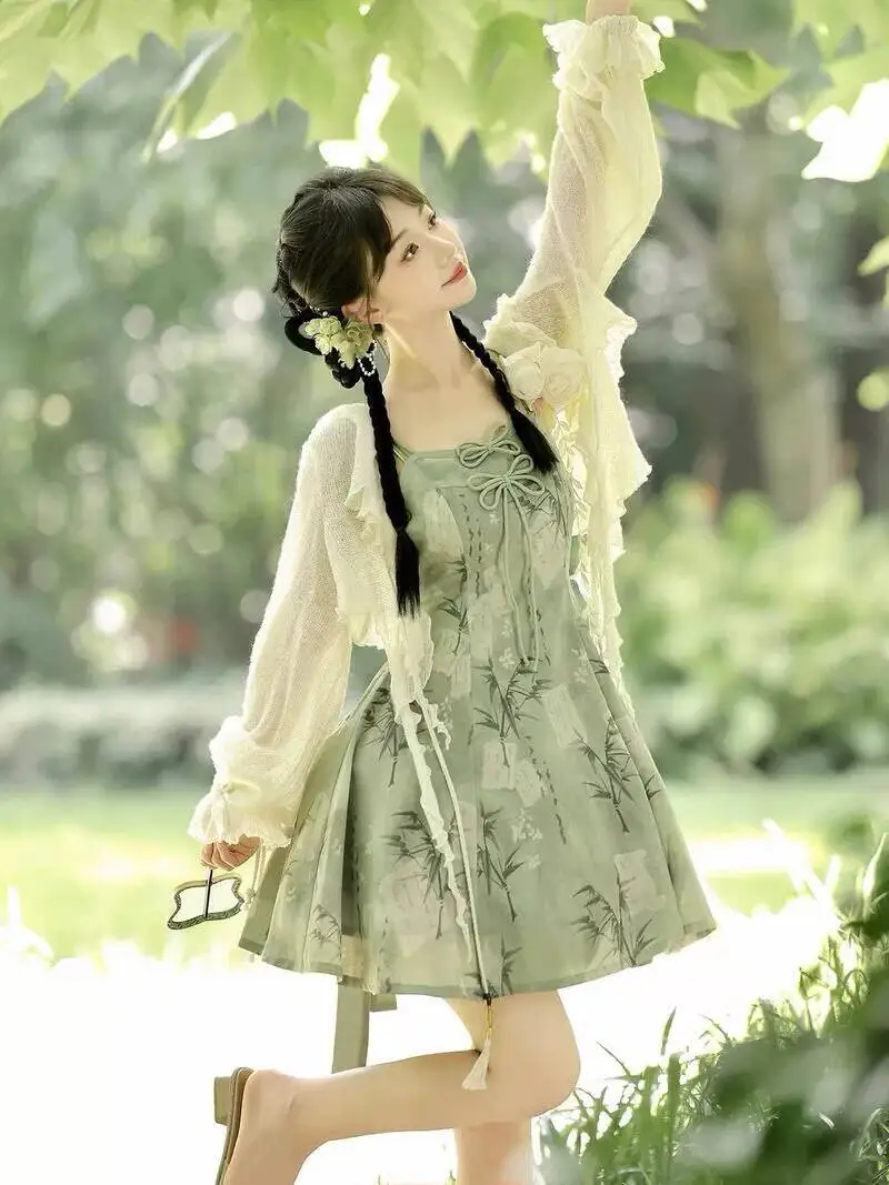 

Bamboo Language Summer Women New Chinese Style Strap Dress Short Skirt Han Element Hanfu Lolita Dresses