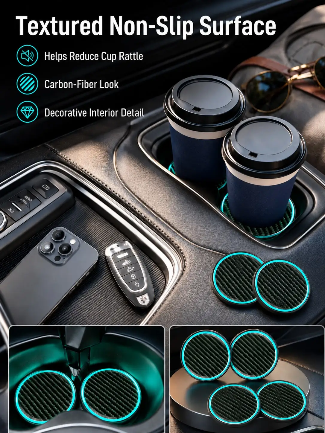 Universelle leuchtende, wasserdichte, rutschfeste Untersetzer für das Auto, Ambiente-Deko-Zubehör, farbwechselnde, im Dunkeln leuchtende Untersetzer fürs Auto – Detail 1