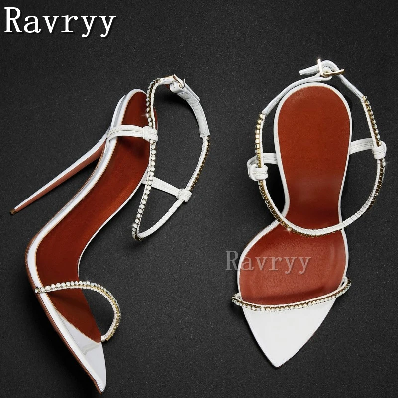 

White Crystal Strap Stiletto Heel Sandals Pointed Toe Ankle Buckle Strap Thin High Heel Women Summer Shoes Party Wedding Sandals