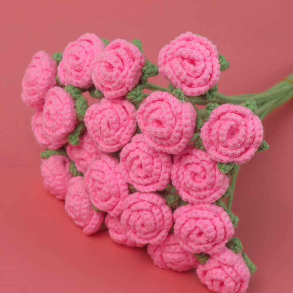 Women Handmade Knitted Artificial Rose Flowers Bouquet for Home Decor Colorful Flower for Vase Handmade Mother's Gift Wholesales