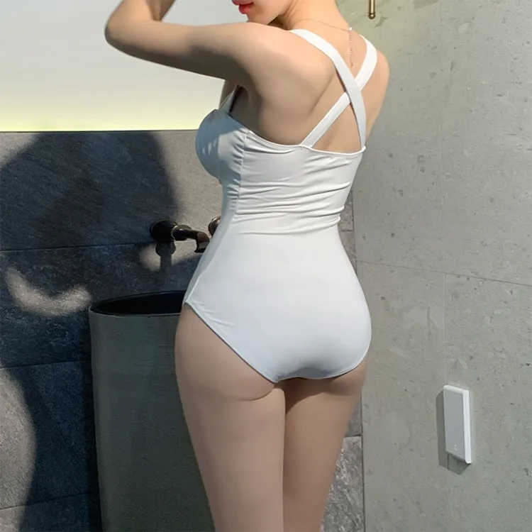 Women One Piece Sexy Swimsuit Pure Color White Summer Ladies Bathing Suit Padded Wide Strap Corss Back Monokini 2023 New Arrival