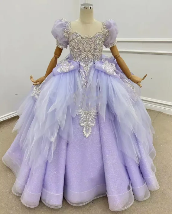 Luxury Lavender Child Party Dress Heavy Beaded Crystal Rhinestone Flower Girl Dresses Lace Up Back Pageant Gowns