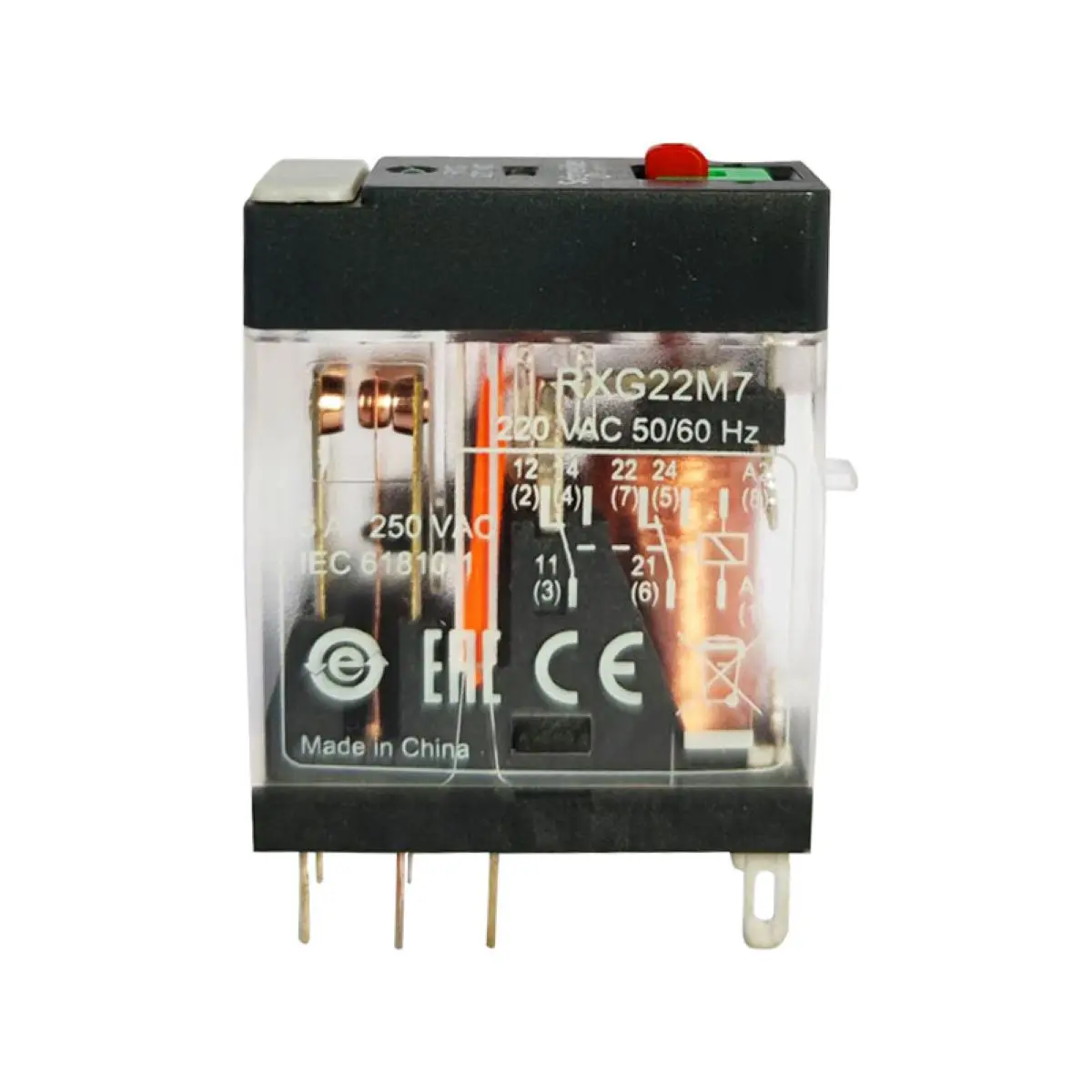 RXG22M7 interface plug in relay Harmony Electromechanical Relays, 5A, 2CO, with LED, lockable test but to n, 220V AC