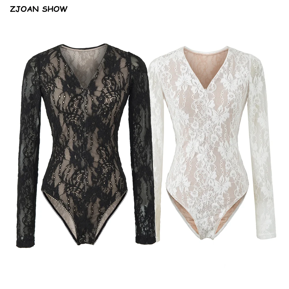 

Весенний сексуальный прозрачный кружевной комбинезон с подкладкой, на молнии, с V-образным вырезом, длинными рукавами, облегающий, короткий, для женщин