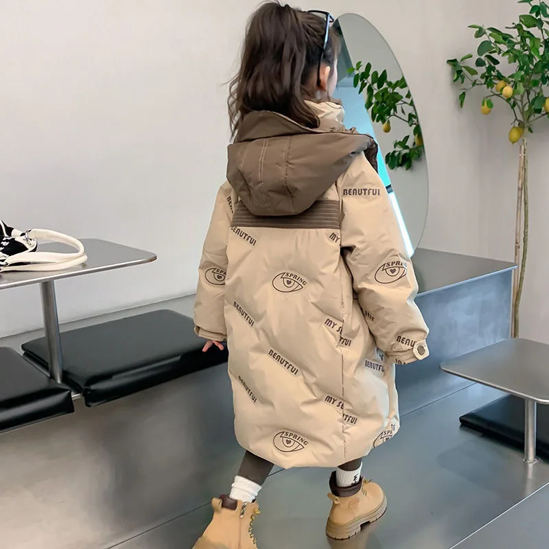 2024 Winter Girls 120-170cm Long Fashion Print Hooded Parkas Kids Zip Jacket Outerwear