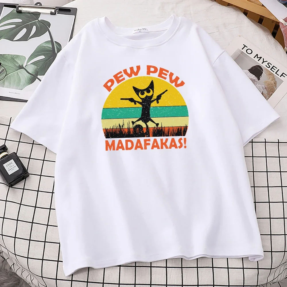 Printed T Shirt Pew Pew Mdafakas  Women'S Street Crewneck Streetwear Anime Regular Sleeves T-Shirts Fashion Slim T Shirts Women