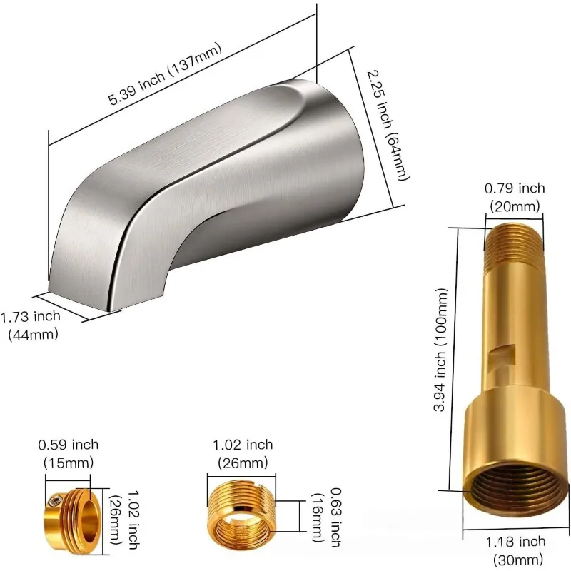 

Brushed Nickel Bathtub Spout Without Diverter, 5.3 Inch For 1/2" Copper Pipe And 1/2" Or 3/4" IPS Threaded Pipe Tubs-AA26