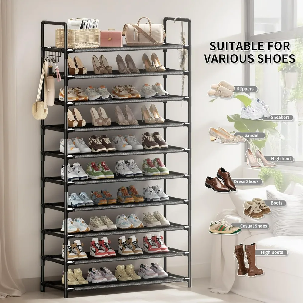 

Shoe Rack, 10 Tier Shoe Storage Organizer with Hooks,Fit 40-45 Pairs Shoes,Metal Tall Shoe Shelf for Closet, Entryway, Hallway