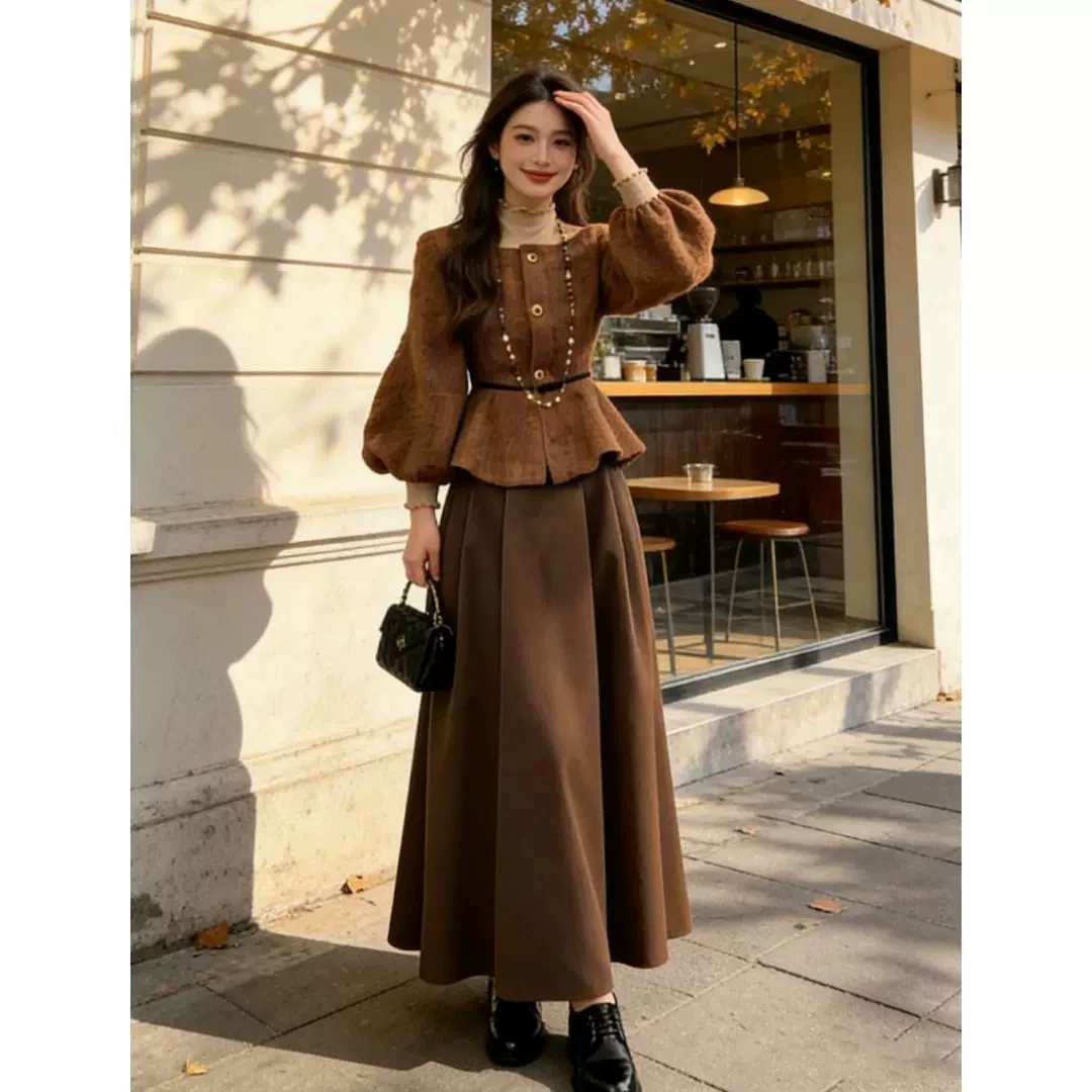 Women's Brown 2 Piece Fall Outfit 2026 Corduroy Puff Sleeve Elegant Luxury Set Top A Line Maxi Skirt Vintage Suit Set Y2K Lady