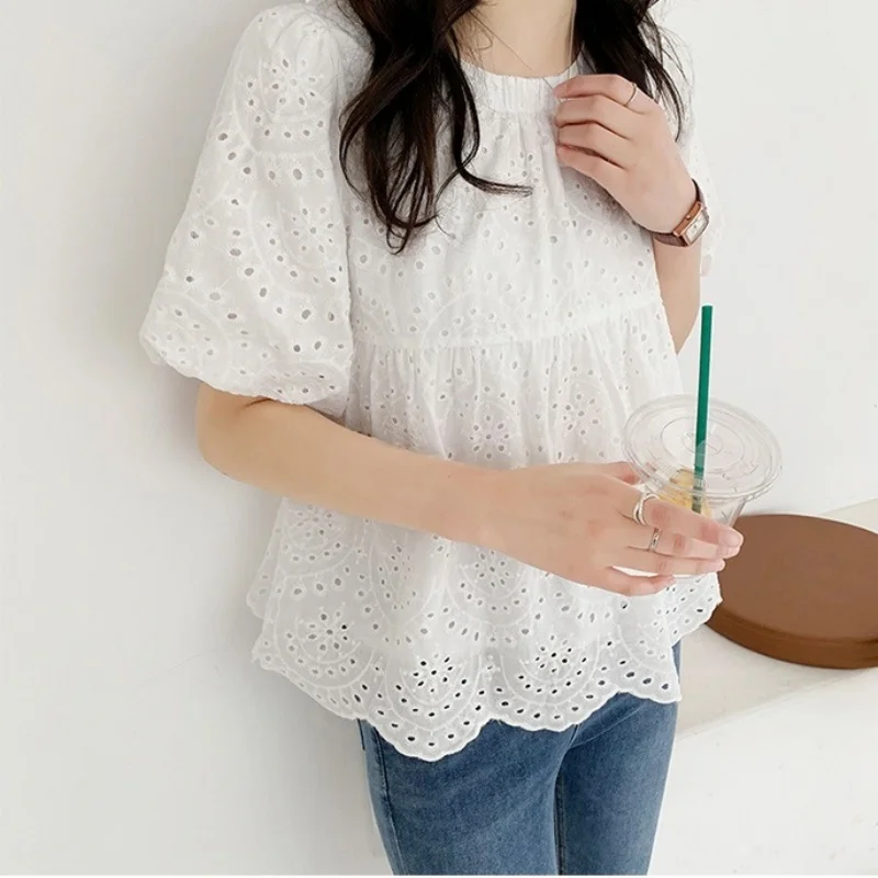 Fashion Hollow Out White Embroidery Women Blouses Short Sleeve Casual Loose Shirts Summer Elegant Puff Sleeve Tops