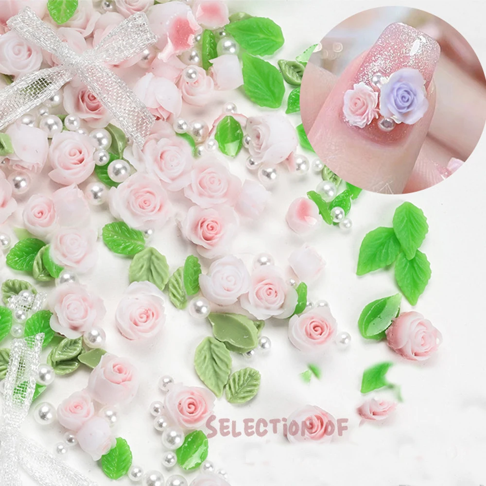 

30pcs Resin Pink Rose Nail Art Charm 3D Spring Colorful Acrylic Rose Flower Pearls Nail Decoration DIY Japanese Nail Accessories