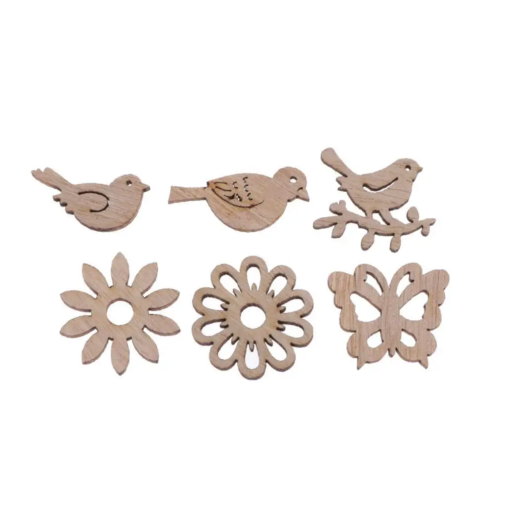 Unpainted Wooden Shaped Chips Variety Flowers and Birds Craft Supplies for Card Making Projects