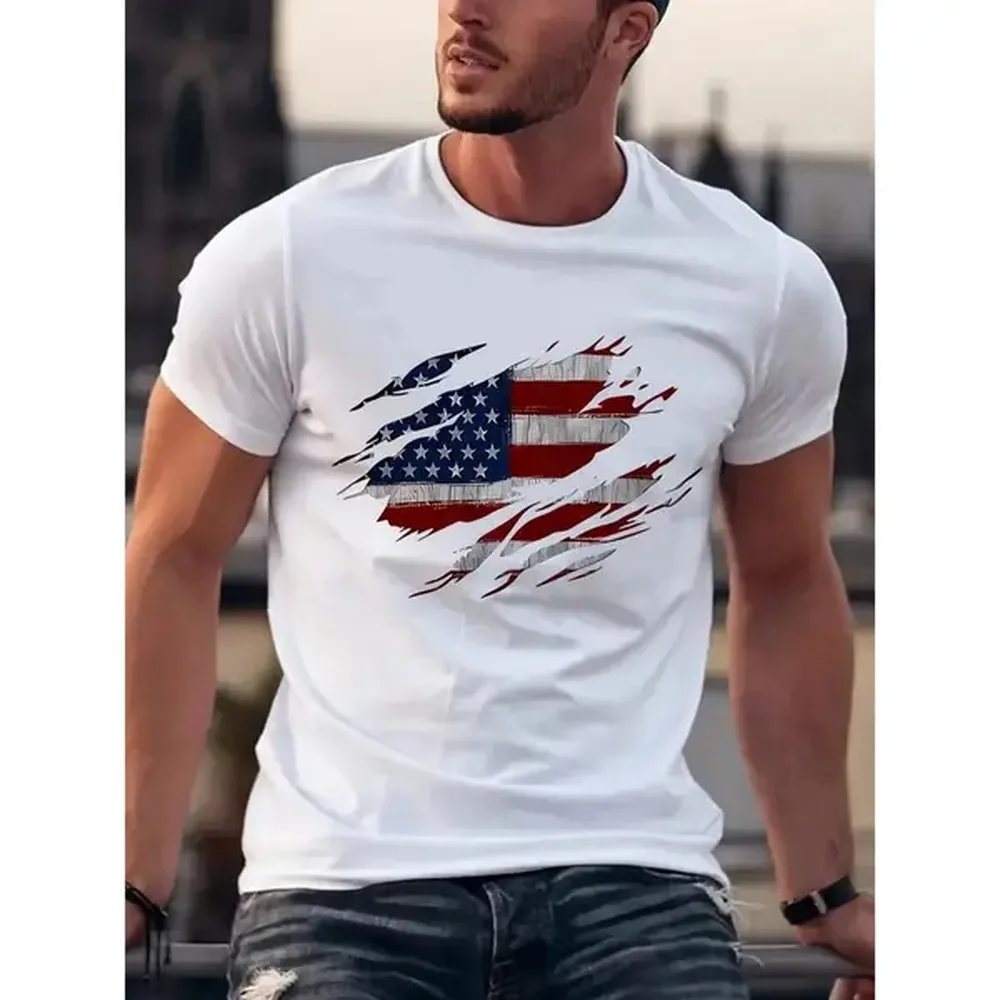 Cotton Short Sleeve T-Shirt A Men'S Casual Style Exquisite Pattern Printed T-Shirt with American Flag Print, Round Neck High Street Pure Cotton Short Sleeved T-Shirt, Trendy Pattern T-Shirt, Printed T-Shirt, High-End Pure Cotton T-Shirt