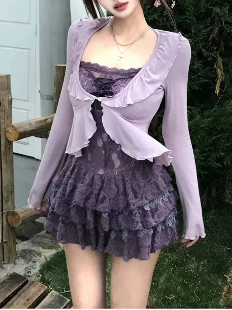 

Японский сладкий тонкий сексуальный фиолетовый комплект из 2 предметов, женский шикарный кардиган + облегающее платье, новое платье Pure Desire Y2k Hot Chick Suits Harajuku 2025