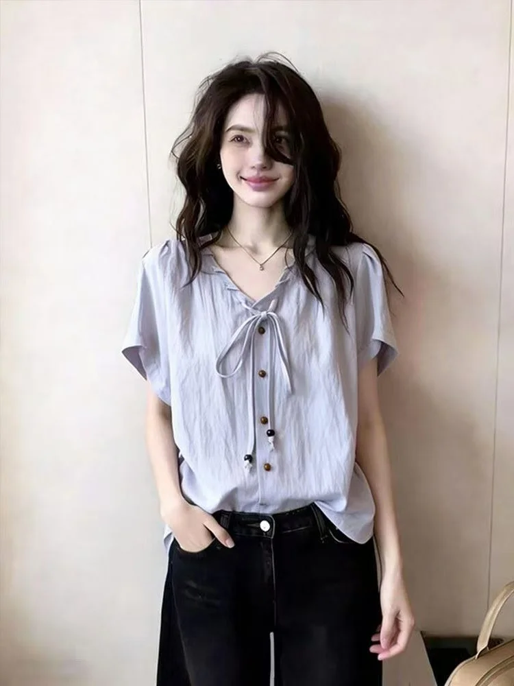 

Korean Style Blue Knot Tie Short Sleeve Shirt Women Summer Fashion Single Button up Top Loose Fit Commute Style