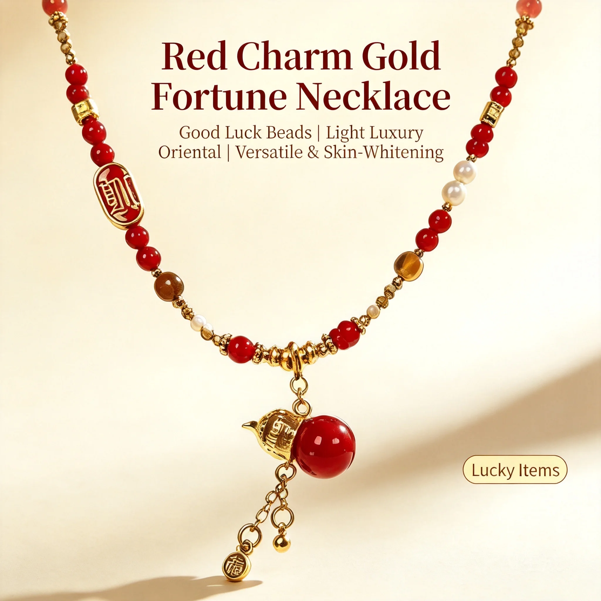 Chinese Style Lucky Red Agate Gold Gourd Pendant Necklace Beaded Sweater Chain Fortune Blessing Jewelry For Women New Year Gift
