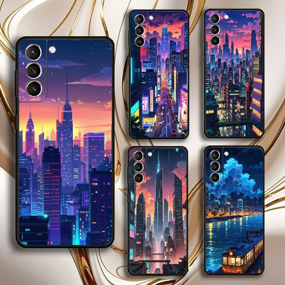 

City Night View Phone Case For Samsung GalaxyA13,21s,22,31,32,52,53,71,72,73,Soft Black Shell