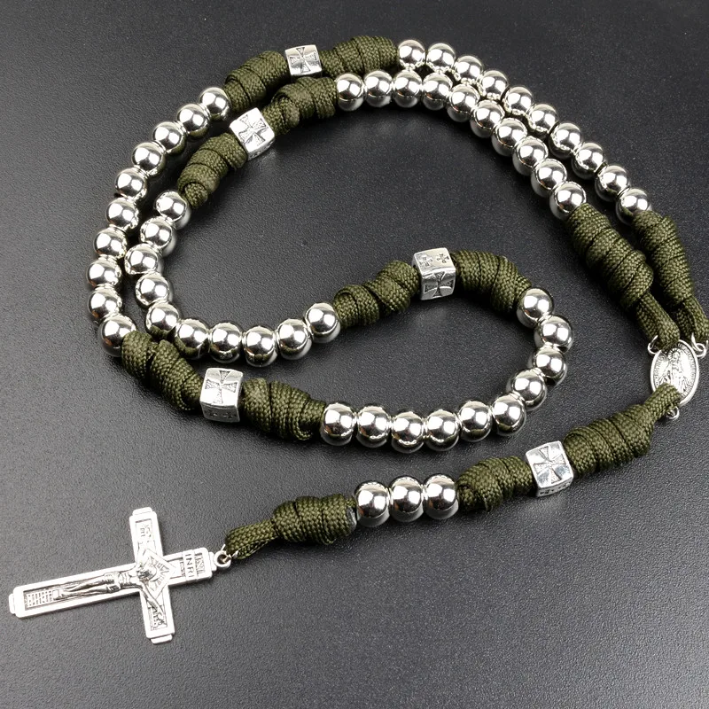 Gothic Revival Beaded Cross Prayer Necklace with Black Cord - Stylish Religious Jewelry Accessory