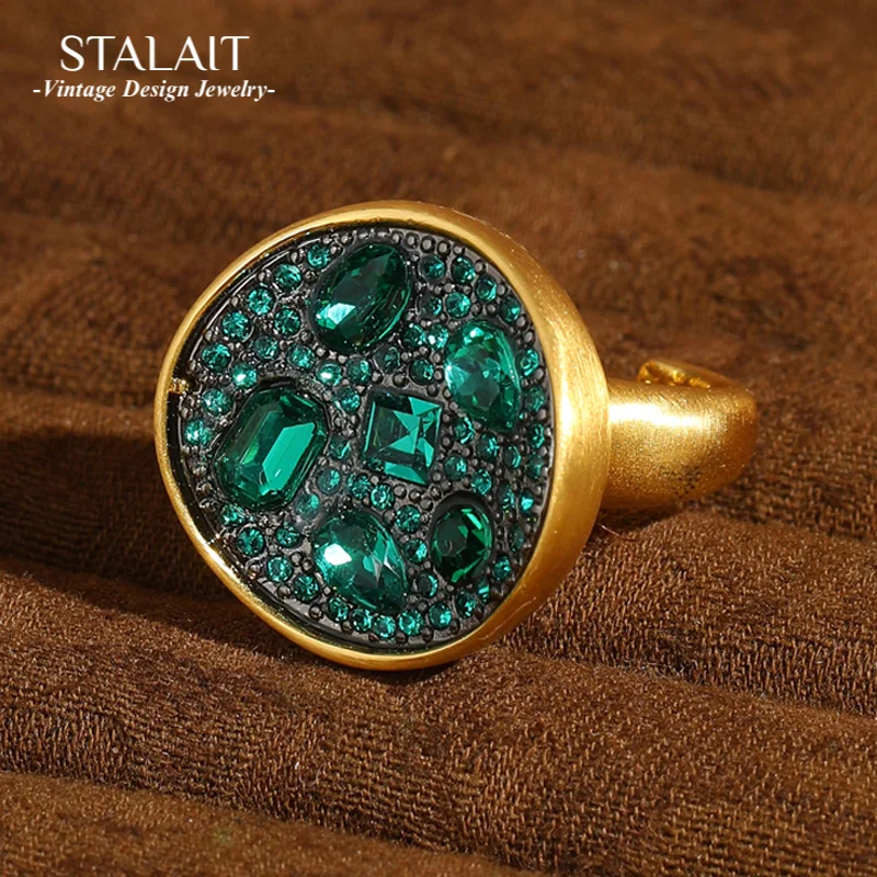 

Vintage Emerald Green Crystal Ring Round Gold Color Rhinestone Jewelry Luxury Designer Jewelry For Women Luxury Designer Jewelry