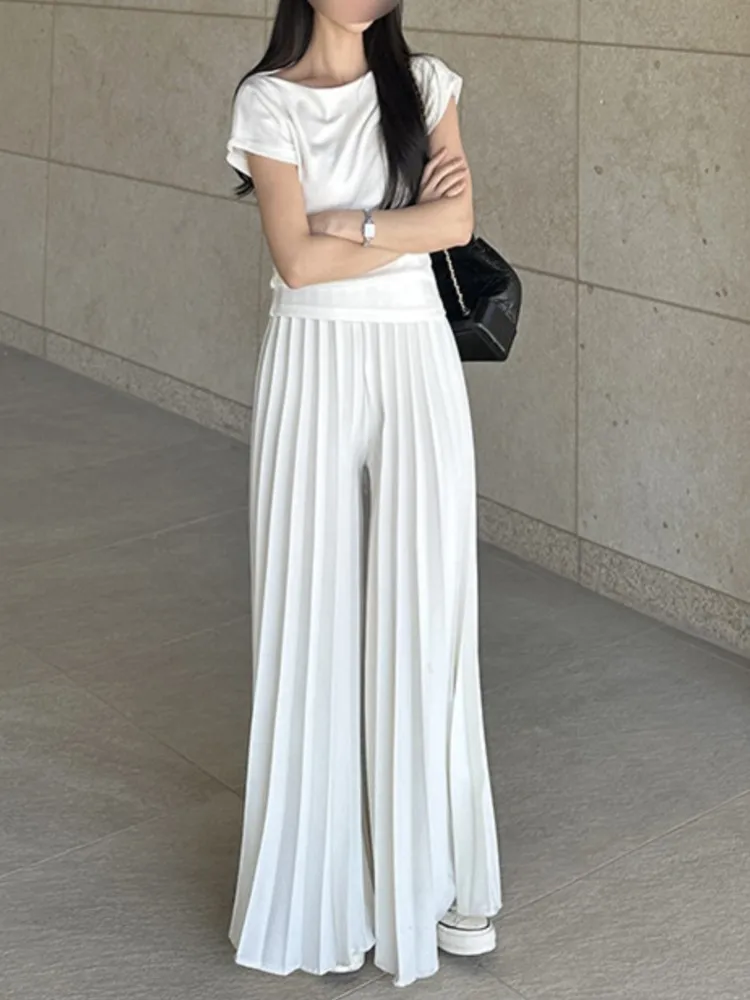 Spring Summer High Waist Long Pleated Pant Women Korean Style Loose Pleated Wide Leg Ladies Trousers Fashion Casual Woman Pants