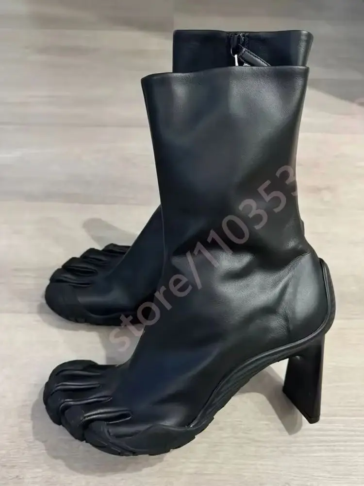 

2025 New Arrivals Split Toe Square Toe Women Boots Square Heel Modern Side Zipper Mixed Color Mid Calf Fashion Sexy Women Shoes