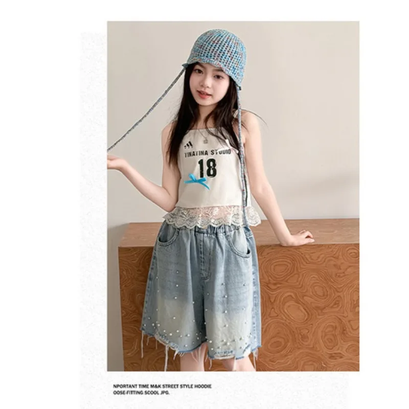 Girls Denim Shorts Summer Thin Big Kids Cool Beaded Knee Length Pants Girl Summer Outfit Loose Casual Pants