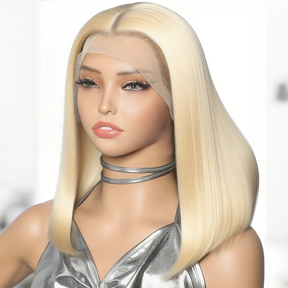 

613 Short Straight Bob Wig Human Hair 16 Inch Blonde Colored Bob Wigs 13x4 Bone Straight Bob Lace Front Wigs 200% Density
