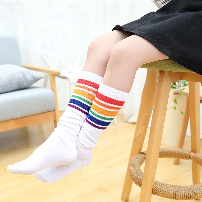 

Children's knee socks rainbow colored pattern striped school football knee high sock cotton white black long leg warmers 1-10T