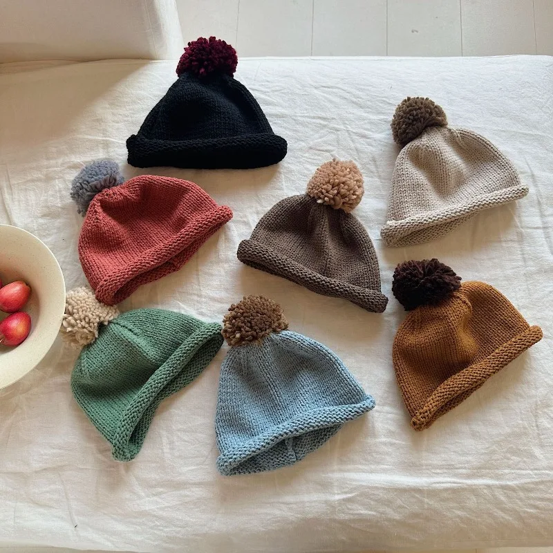 

New Spring Autumn Kids Girl Boy Pom Pom Knitted Beanie Hat Warm Multi Color Fashion Versatile Cap Children Accessories A1550
