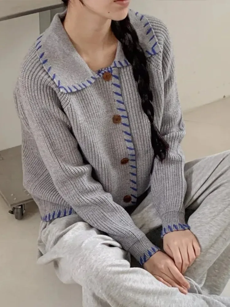 Autumn Winter Lazy Turn-down Collar Color Blo Design Knitwear Jaet Women's Loose Casual Open Cardigan Elegance Knitted Top