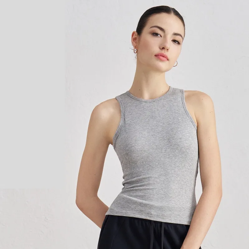 

Ribbed Round-Neck Sports Tank - Slim-Fit Yoga Top with Built-in Bra (Versatile Pilates & Workout Seamless Shirt)