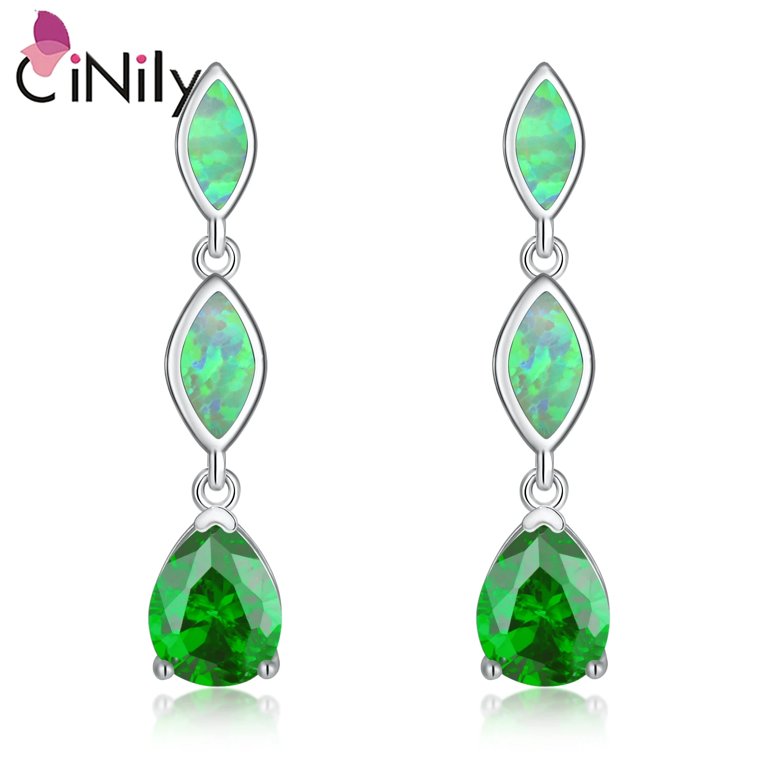 CiNily Created Green Fire Opal Drop Earrings with Green Quartz Silver Plated Stud Earrings for Women Wedding Fashion Jewelry