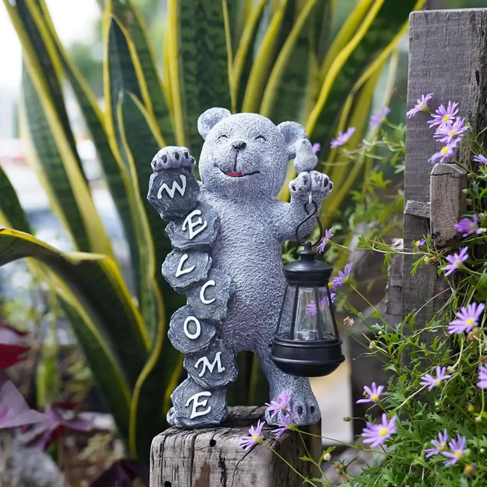 

Colorful Outdoor Bear Decor Solar Led Bear Statue for Garden Decor Resin Figurine Sculpture with Lantern Welcome Sign for Lawn