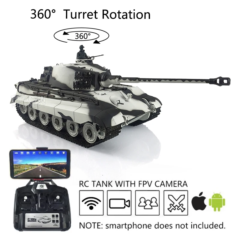 HENG LONG 1/16 7.0 Upgraded German King Tiger RC Tank 3888A 360° Turret FPV Camera Steel Tracks Idlers Wheels Cars TH19729-T4