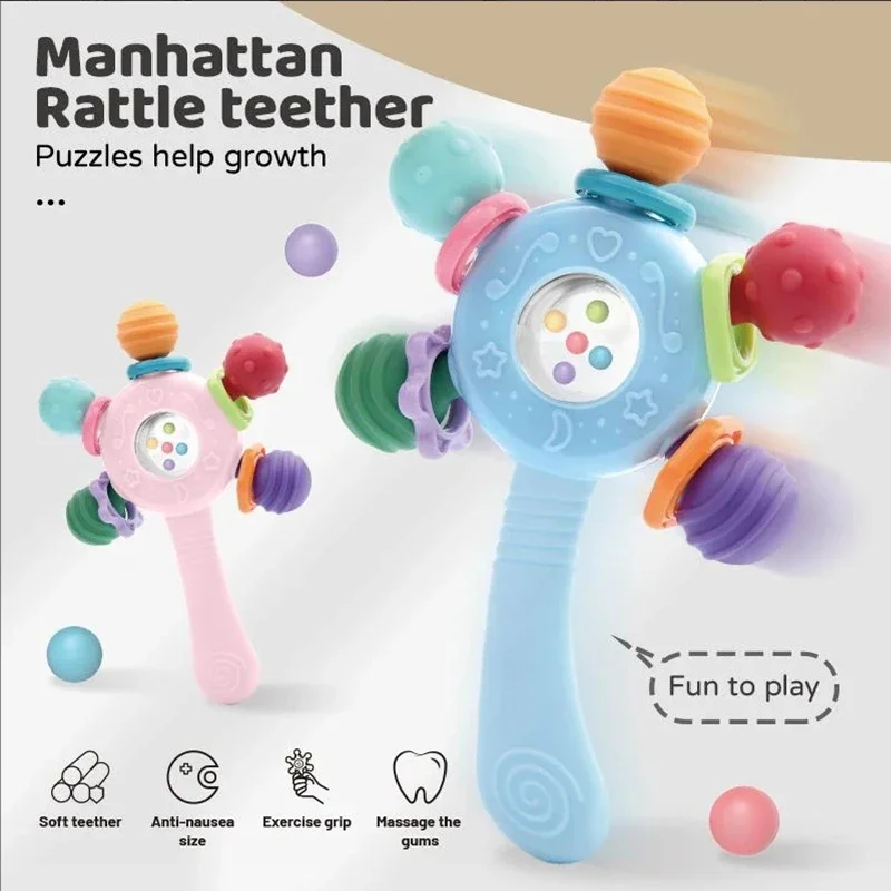Giocattoli per lo sviluppo del massaggiagengive in silicone per bambini 0 6 12 mesi Dentizione con sonaglio sensoriale per giocattoli con impugnatura per bambini Giochi educativi