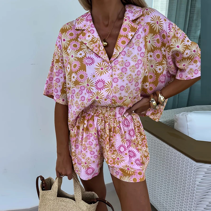 Fashion Bohemian Holiday Women Two Piece Set Pattern Printed Loose Summer Outfits Ladies Lapel Button Shirt + Shorts Beach Suit