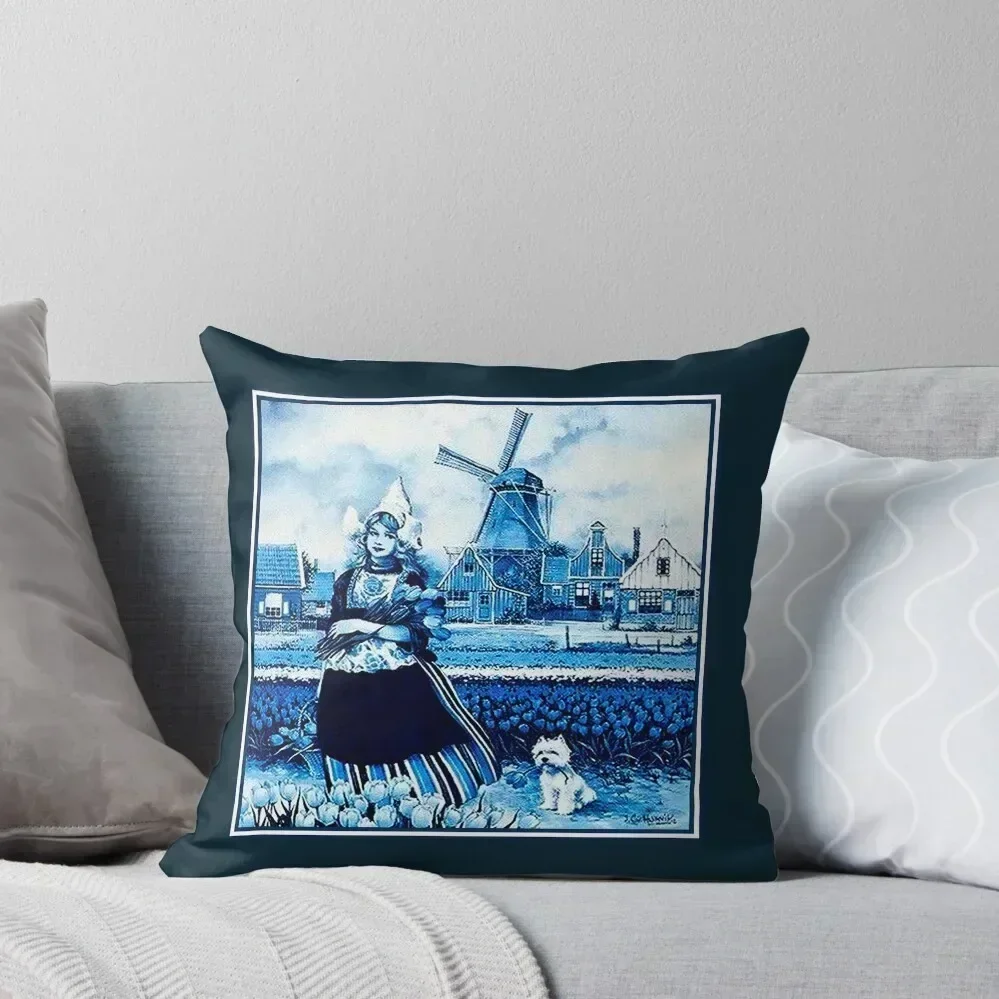 

DUTCH BLUE DELFT : Vintage Windmill, Young Girl, Dog and tulips Print Throw Pillow bed pillows pillow