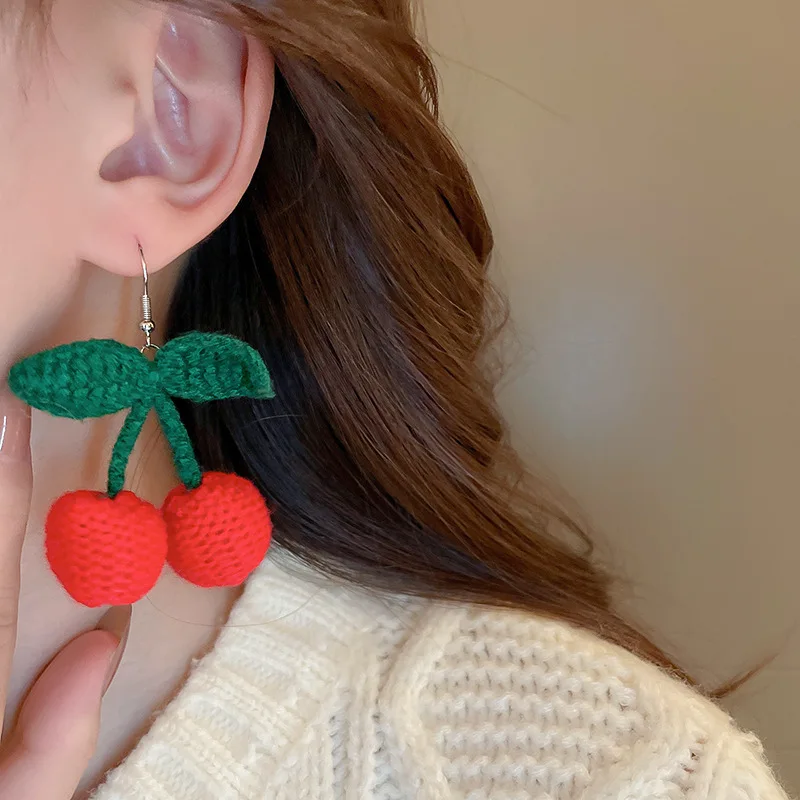 New Sweet Summer Red Knit Cherry Fruit Fashion Long Ear Nail Earrings Fashion Anime Earring For Women Party Jewelry