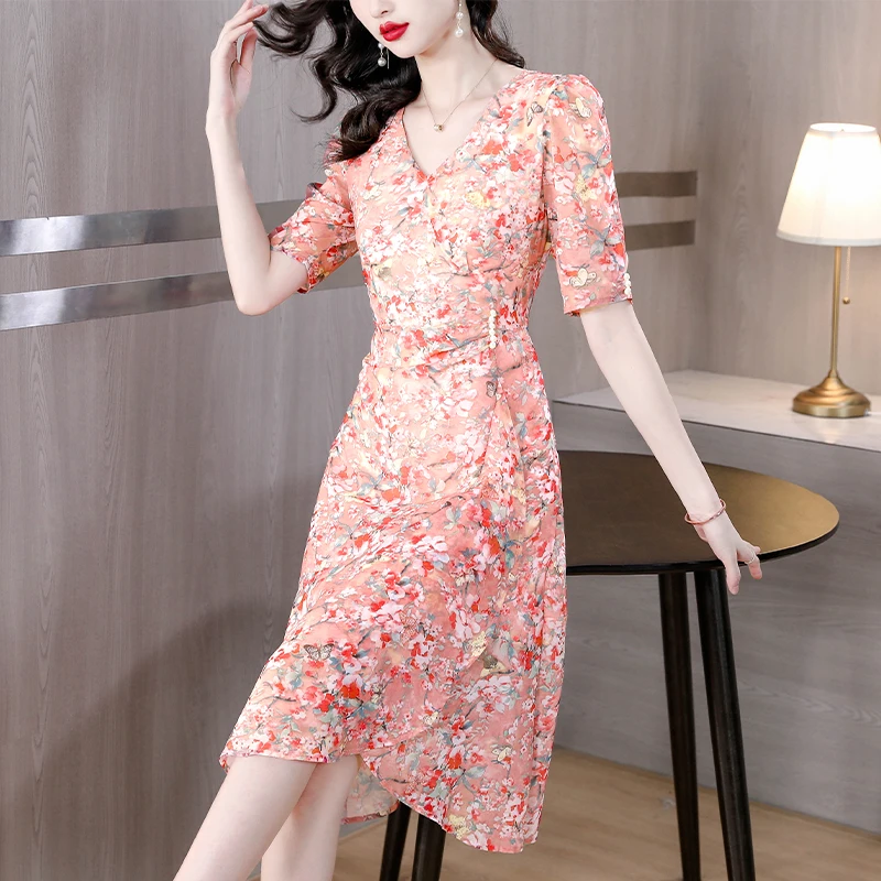 

Spring Fashion V-neck Silk Printed Dress For Women 2023 New Elegant Fragmented Blossom Loose Fit Casual Holiday Dress Vestidos