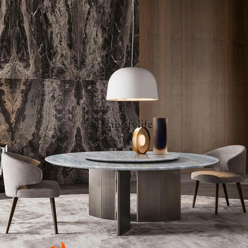 Marble Dining Table with Turntable Dining Tables and Chairs Set High-End Italian Blue Crystal Natural Luxury Stone