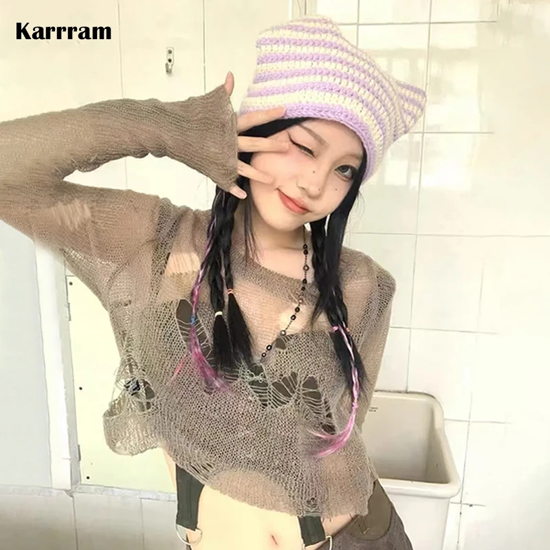 Karrram Japanese Y2k Knitted Tops Trashy 2000s Style Hollow Out Jumpers Vintage Harajuku Distressed Pullover Grunge Aesthetics