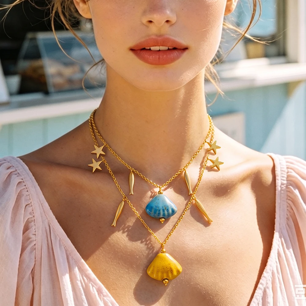 Ladies Summer Shell & Marine Life Stainless Steel Pendant Necklace Beach Leisure Style Jewelry Accessory