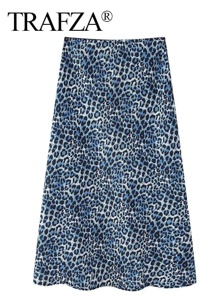 TRAFZA Women's Chic Casual Leopard Print Midi Skirts Summer Fashion Vintage Street Hem Folds High Waist Zipper A-Line Skirt Y2K