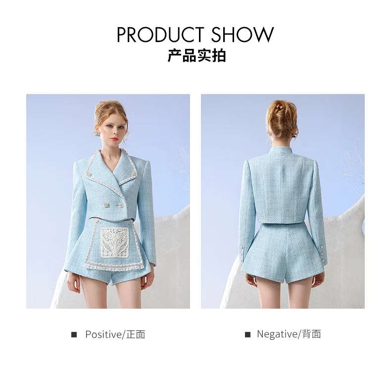 Socialite Style Elegant Office Lady Suit Outfits Lapel Rhinestone Pearl Buckle Coat Plate Flower Patchwork High Waist Shorts