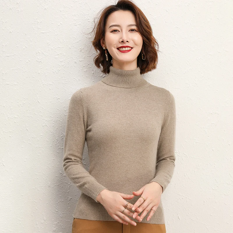Suéter de cachemira de cuello alto para mujer, Jersey de punto suave y cálido para Otoño e Invierno
