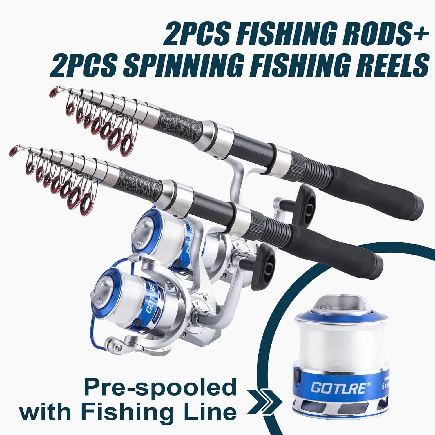 

Goture Fishing Rod Reel Set 2 Telescopic Fishing Pole+2 Pre-Loaded Spinning Reel with Bag Lure Hook Control Full Kit Gift